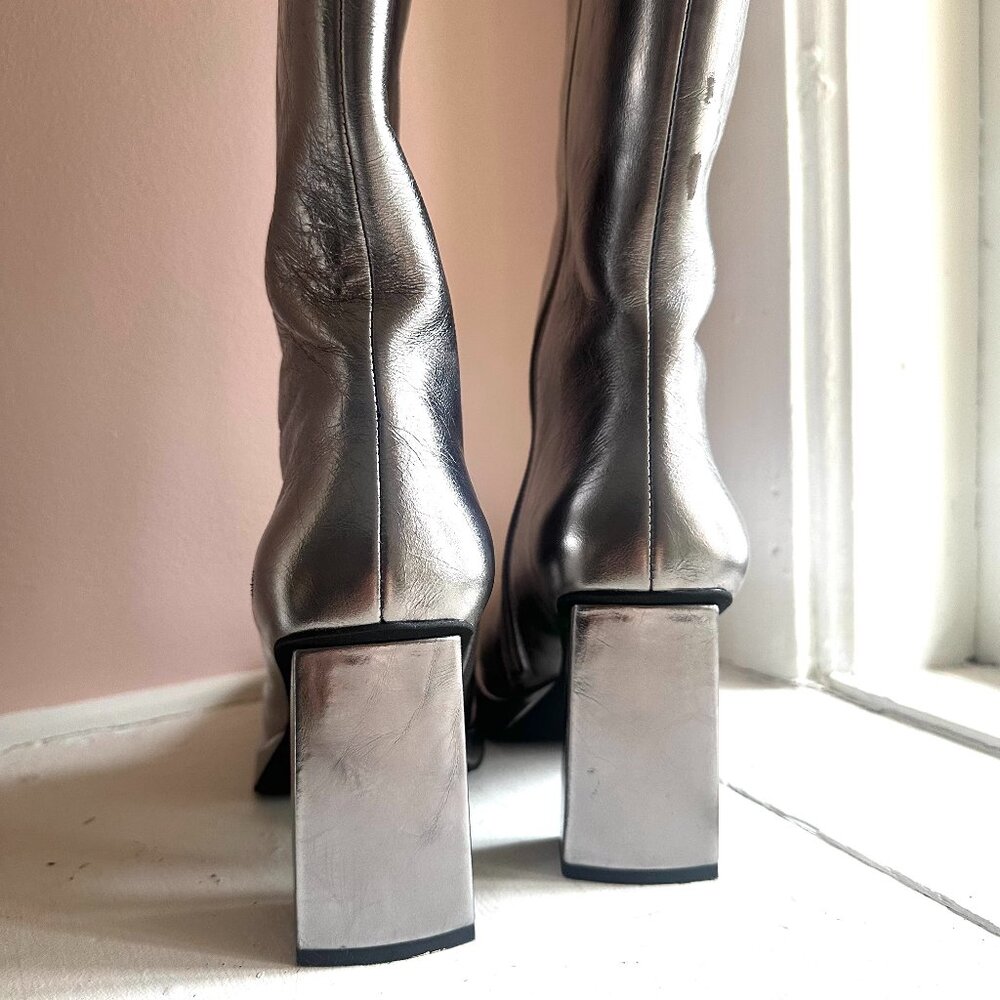 Jeffrey Campbell Crinkled Silver Knee-High Block Heel Boots - Picture 10 of 13